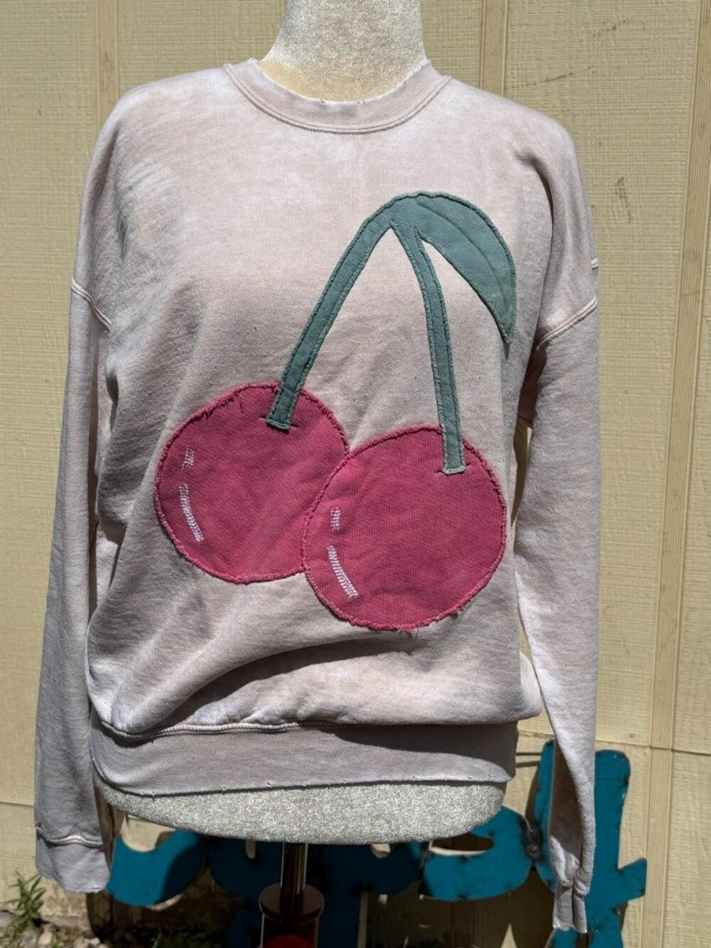 Tricia Fix x Free People Cherry Applique Distressed Crew Neck Sweatshirt
